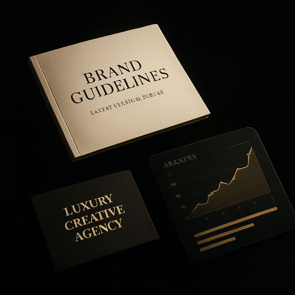 Premium brand collateral and a growth dashboard showing measurable results